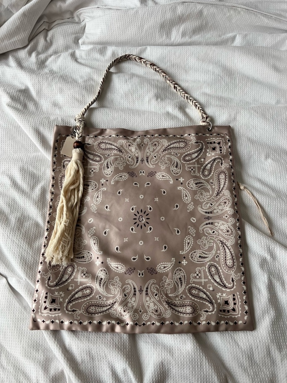 Beige Paisley Tote Bag with Tassel